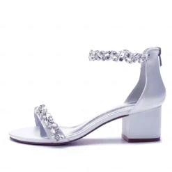 Women's Green Satin Wedding Sandals – Rhinestone Ankle Strap Block Heel Open Toe Bridal Shoes for Evening & Prom