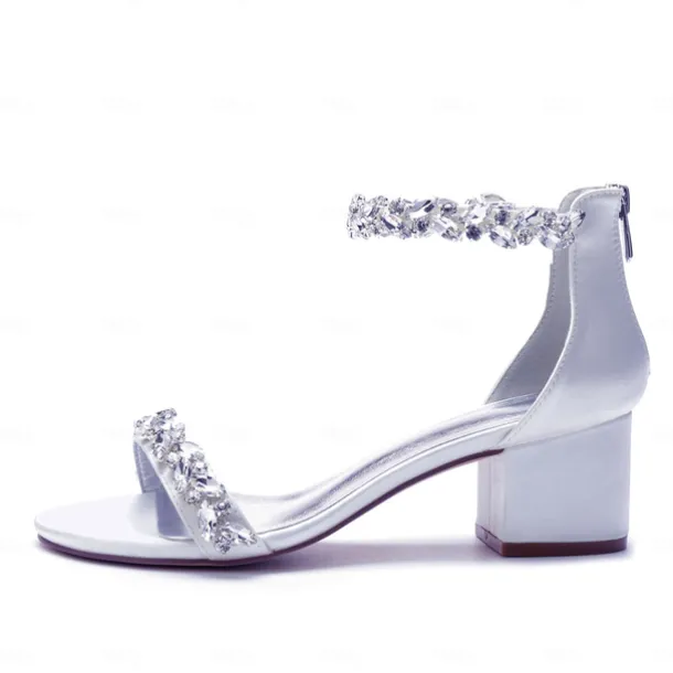 Women's Green Satin Wedding Sandals – Rhinestone Ankle Strap Block Heel Open Toe Bridal Shoes for Evening & Prom