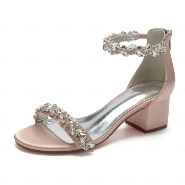 Women's Green Satin Wedding Sandals – Rhinestone Ankle Strap Block Heel Open Toe Bridal Shoes for Evening & Prom