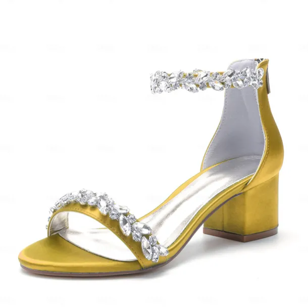 Women's Green Satin Wedding Sandals – Rhinestone Ankle Strap Block Heel Open Toe Bridal Shoes for Evening & Prom