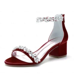 Women's Green Satin Wedding Sandals – Rhinestone Ankle Strap Block Heel Open Toe Bridal Shoes for Evening & Prom