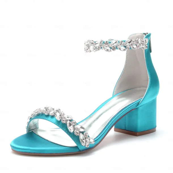 Women's Green Satin Wedding Sandals – Rhinestone Ankle Strap Block Heel Open Toe Bridal Shoes for Evening & Prom
