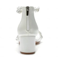 Women's Green Satin Wedding Sandals – Rhinestone Ankle Strap Block Heel Open Toe Bridal Shoes for Evening & Prom