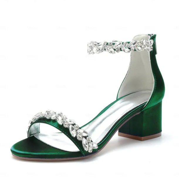 Women's Green Satin Wedding Sandals – Rhinestone Ankle Strap Block Heel Open Toe Bridal Shoes for Evening & Prom