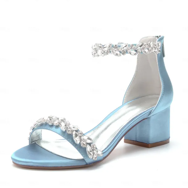 Women's Green Satin Wedding Sandals – Rhinestone Ankle Strap Block Heel Open Toe Bridal Shoes for Evening & Prom