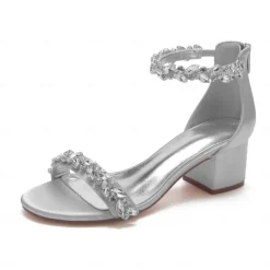 Women's Green Satin Wedding Sandals – Rhinestone Ankle Strap Block Heel Open Toe Bridal Shoes for Evening & Prom