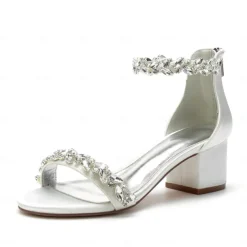 Women's Green Satin Wedding Sandals – Rhinestone Ankle Strap Block Heel Open Toe Bridal Shoes for Evening & Prom