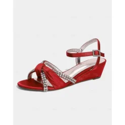 Women's Green Satin Wedge Sandals - Rhinestone Knot Dress Shoes with Ankle Strap for Elegant Banquets and Cocktail Parties