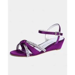 Women's Green Satin Wedge Sandals - Rhinestone Knot Dress Shoes with Ankle Strap for Elegant Banquets and Cocktail Parties