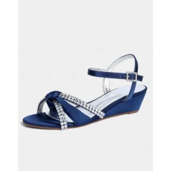 Women's Green Satin Wedge Sandals - Rhinestone Knot Dress Shoes with Ankle Strap for Elegant Banquets and Cocktail Parties