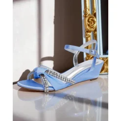 Women's Green Satin Wedge Sandals - Rhinestone Knot Dress Shoes with Ankle Strap for Elegant Banquets and Cocktail Parties