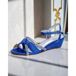 Women's Green Satin Wedge Sandals - Rhinestone Knot Dress Shoes with Ankle Strap for Elegant Banquets and Cocktail Parties
