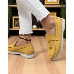 Women's Green Suede Loafers, Lightweight Flats with Gold Bit Detail for Casual Outfits and Daily Dates