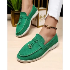 Women's Green Suede Loafers, Lightweight Flats with Gold Bit Detail for Casual Outfits and Daily Dates