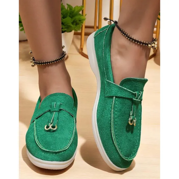 Women's Green Suede Loafers, Lightweight Flats with Gold Bit Detail for Casual Outfits and Daily Dates
