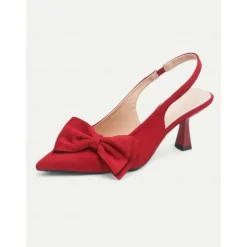 Women's Green Suede Slingback Heels – Pointed Toe Kitten Heels with Bow Detail, Elegant Pumps for Parties & Office Wear