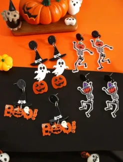 Women's Halloween Acrylic Earrings Set - Lightweight Ghost, Pumpkin, Witch Hat & Skeleton Designs for Teens and Adults, Perfect for Halloween Costumes and Party Accessories