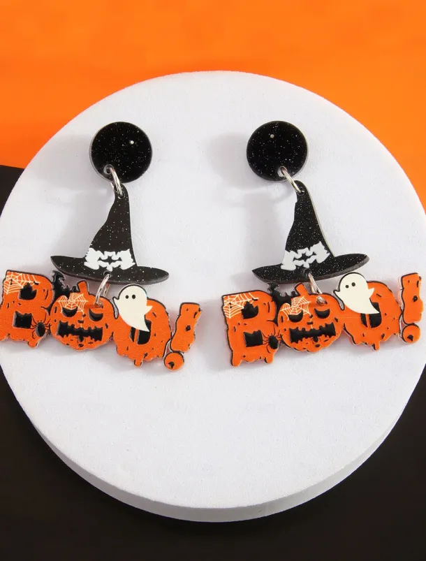 Women's Halloween Acrylic Earrings Set - Lightweight Ghost, Pumpkin, Witch Hat & Skeleton Designs for Teens and Adults, Perfect for Halloween Costumes and Party Accessories