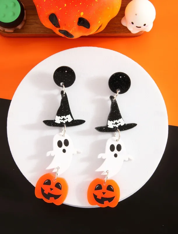 Women's Halloween Acrylic Earrings Set - Lightweight Ghost, Pumpkin, Witch Hat & Skeleton Designs for Teens and Adults, Perfect for Halloween Costumes and Party Accessories