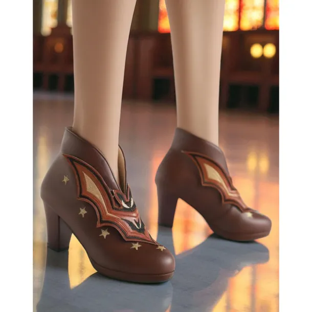 Women's Halloween Bat Embroidered Ankle Boots – Black Faux Leather with Star Details, Closed Toe and Mid Heels, Retro Gothic Style for Costume Parties, Haunted Events and Fall Fashion Looks