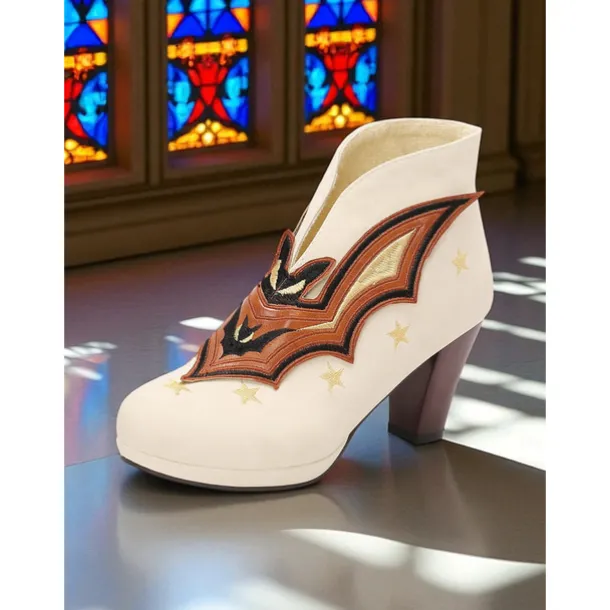 Women's Halloween Bat Embroidered Ankle Boots – Black Faux Leather with Star Details, Closed Toe and Mid Heels, Retro Gothic Style for Costume Parties, Haunted Events and Fall Fashion Looks