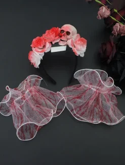 Women's Halloween Bloody Bride Costume Accessories Set - Skull and Rose Headband, Bloody Lace Wrist Cuffs and Horror Veil Props for Zombie, Vampire and Scary Party Outfits