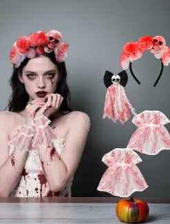 Women's Halloween Bloody Bride Costume Accessories Set - Skull and Rose Headband, Bloody Lace Wrist Cuffs and Horror Veil Props for Zombie, Vampire and Scary Party Outfits