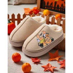 Women's Halloween Fleece-Lined Slippers – Cozy Indoor House Shoes with Cartoon Pumpkin Print, Soft Anti-Slip Sole, Warm Fall Winter Style for Home and Holiday Gifts