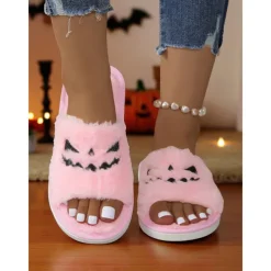 Women's Halloween Fuzzy Slippers - Black Plush Slide Sandals with Pumpkin Face Design for Cozy Fall Nights,Parties & Indoor Wear