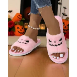 Women's Halloween Fuzzy Slippers - Black Plush Slide Sandals with Pumpkin Face Design for Cozy Fall Nights,Parties & Indoor Wear