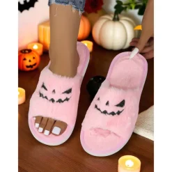 Women's Halloween Fuzzy Slippers - Black Plush Slide Sandals with Pumpkin Face Design for Cozy Fall Nights,Parties & Indoor Wear