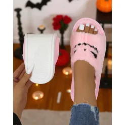 Women's Halloween Fuzzy Slippers - Black Plush Slide Sandals with Pumpkin Face Design for Cozy Fall Nights,Parties & Indoor Wear