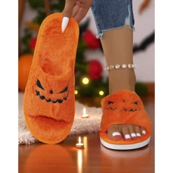 Women's Halloween Fuzzy Slippers - Black Plush Slide Sandals with Pumpkin Face Design for Cozy Fall Nights,Parties & Indoor Wear