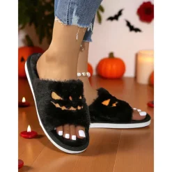 Women's Halloween Fuzzy Slippers - Black Plush Slide Sandals with Pumpkin Face Design for Cozy Fall Nights,Parties & Indoor Wear
