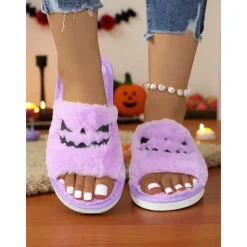 Women's Halloween Fuzzy Slippers - Black Plush Slide Sandals with Pumpkin Face Design for Cozy Fall Nights,Parties & Indoor Wear