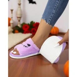 Women's Halloween Fuzzy Slippers - Black Plush Slide Sandals with Pumpkin Face Design for Cozy Fall Nights,Parties & Indoor Wear