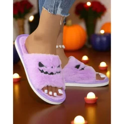 Women's Halloween Fuzzy Slippers - Black Plush Slide Sandals with Pumpkin Face Design for Cozy Fall Nights,Parties & Indoor Wear