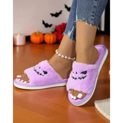 Women's Halloween Fuzzy Slippers - Black Plush Slide Sandals with Pumpkin Face Design for Cozy Fall Nights,Parties & Indoor Wear