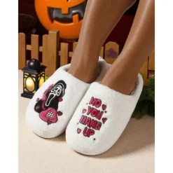 Women's Halloween Ghost Face Fuzzy Slippers - Cozy Embroidered Horror House Shoes with "No You Hang Up" Design for Spooky Season,Parties,and Loungewear