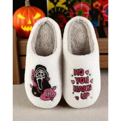 Women's Halloween Ghost Face Fuzzy Slippers - Cozy Embroidered Horror House Shoes with "No You Hang Up" Design for Spooky Season,Parties,and Loungewear