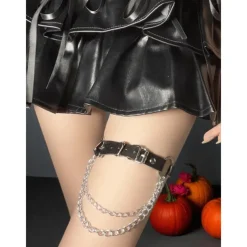 Women's Halloween Gothic Leg Chain - Black Faux Leather Thigh Harness with Silver Chains, Adjustable Punk Rock Accessory for Cosplay, Costume Parties and Spooky Festival Outfits
