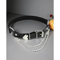 Women's Halloween Gothic Leg Chain - Black Faux Leather Thigh Harness with Silver Chains, Adjustable Punk Rock Accessory for Cosplay, Costume Parties and Spooky Festival Outfits