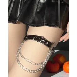 Women's Halloween Gothic Leg Chain - Black Faux Leather Thigh Harness with Silver Chains, Adjustable Punk Rock Accessory for Cosplay, Costume Parties and Spooky Festival Outfits
