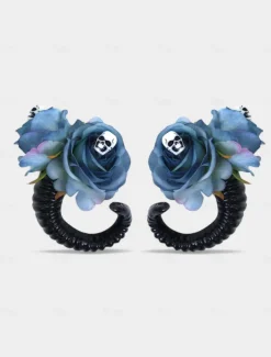 Women's Halloween Gothic Ram Horn Hair Clips - Black Curved Horns with Skull and Rose Accents, Cosplay Costume Headpiece for Witches, Vampires and Spooky Party Outfits