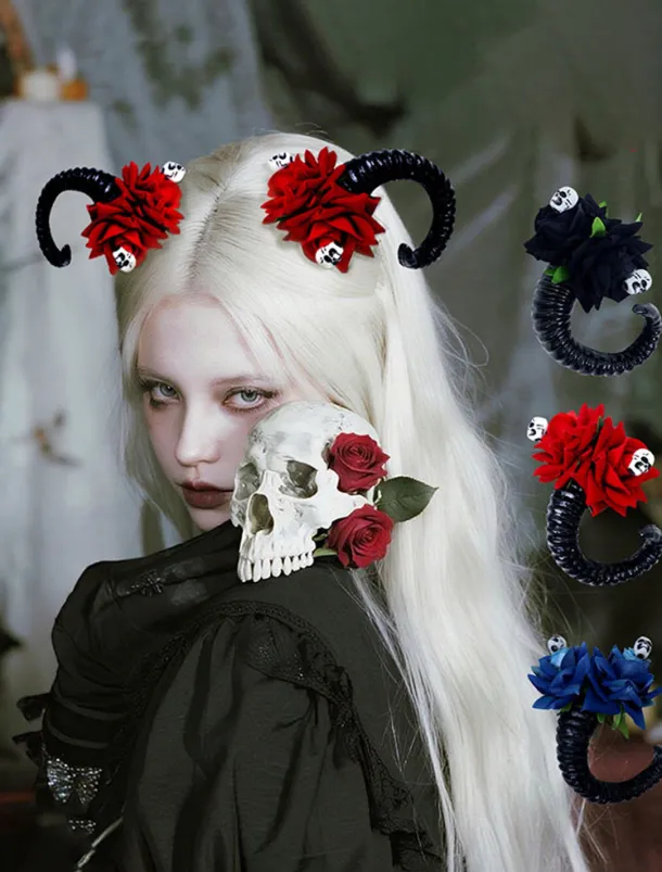 Women's Halloween Gothic Ram Horn Hair Clips - Black Curved Horns with Skull and Rose Accents, Cosplay Costume Headpiece for Witches, Vampires and Spooky Party Outfits