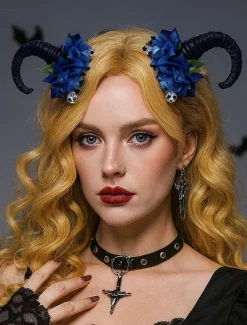 Women's Halloween Gothic Ram Horn Hair Clips - Black Curved Horns with Skull and Rose Accents, Cosplay Costume Headpiece for Witches, Vampires and Spooky Party Outfits