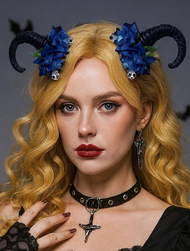 Women's Halloween Gothic Ram Horn Hair Clips - Black Curved Horns with Skull and Rose Accents, Cosplay Costume Headpiece for Witches, Vampires and Spooky Party Outfits
