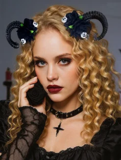 Women's Halloween Gothic Ram Horn Hair Clips - Black Curved Horns with Skull and Rose Accents, Cosplay Costume Headpiece for Witches, Vampires and Spooky Party Outfits