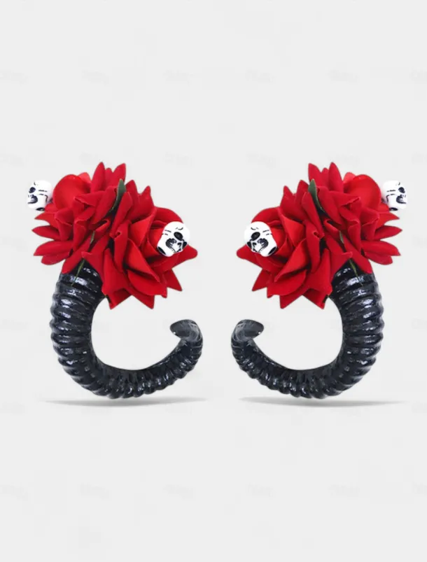 Women's Halloween Gothic Ram Horn Hair Clips - Black Curved Horns with Skull and Rose Accents, Cosplay Costume Headpiece for Witches, Vampires and Spooky Party Outfits