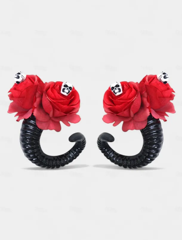 Women's Halloween Gothic Ram Horn Hair Clips - Black Curved Horns with Skull and Rose Accents, Cosplay Costume Headpiece for Witches, Vampires and Spooky Party Outfits